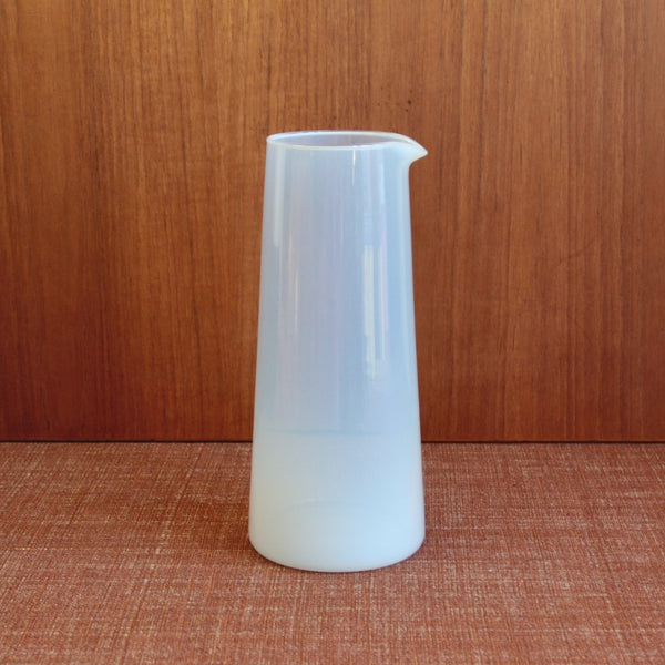 Side view of the 1957 Jacob Bang Opaline carafe displaying its Erlenmeyer-inspired silhouette and elegant Scandinavian proportions.