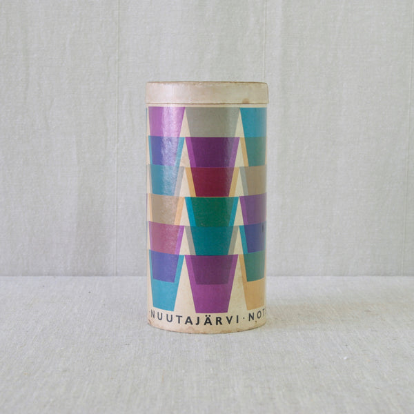 Kaj Franck Toive, or Wish, gift box for Nuutajärvi Notsjö, its colourful mid-century graphics showing overlapping conical glasses tumbling across the surface.