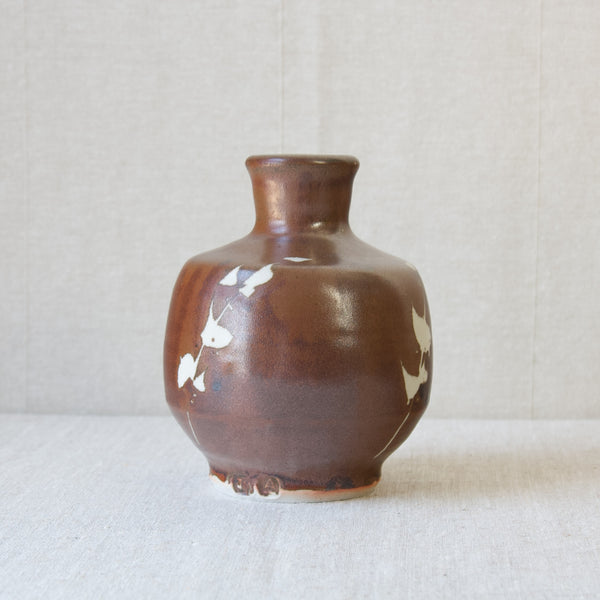 Handmade British Studio Pottery stoneware vase by Jim Malone, Ainstable, Cumbria, England. The vase features a Kaki style glaze and abstract reeds deoration