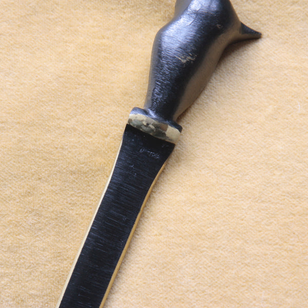 Close up of the makers mark on the back of a Walter Bosse letter opener topped with an owl. This item was expertly made by Herta Baller in Vienna, in the early-1950s.