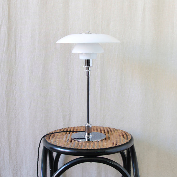 Poul Henningsen three-shade PH lighting system on a vintage 1970s PH 3/2 lamp, with curved opaline glass controlling reflection and glare.