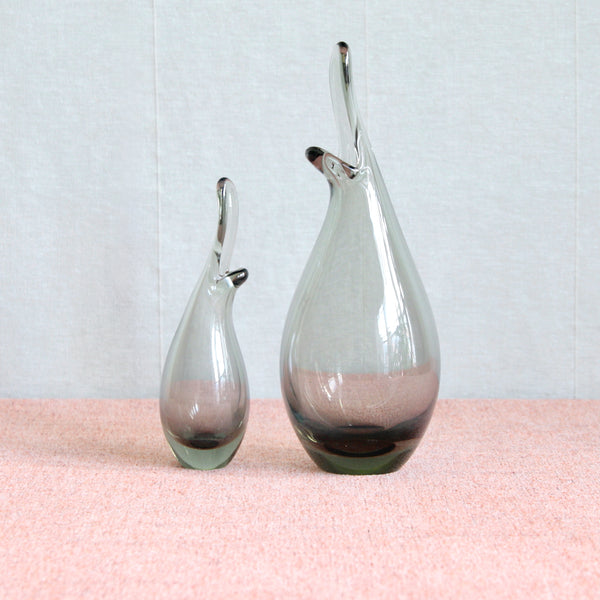 Duo of vintage 1950’s organic Modernist 'Duckling’ beak shaped vases in grey “Smoke” coloured glass, designed by Per Lütken for Holmegaard glassworks.