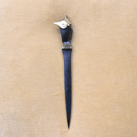 Early 1950s Herta Baller produced Walter Bosse letter opener adorned with a large and beautifully sculptured owl. A fantastic example of Midcentury Modernism in Austrian metalwork. For sale at design gallery Art & Utility.