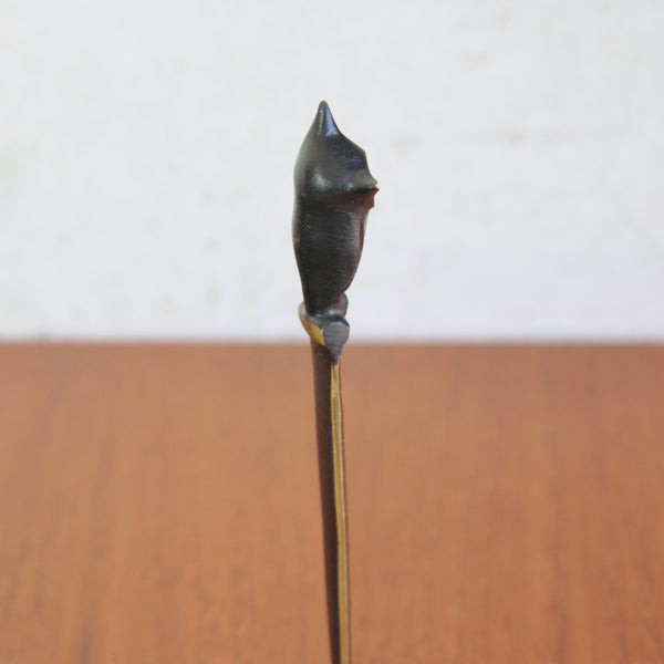 Close-up of a black patinated cast brass owl figurine on the end of a letter opener design by Walter Bosse for Herta Baller, Vienna, 1950s.