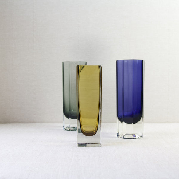 Group shot of three sommerso vases by Kaj Franck for Nuutajärvi Notsjö, Finland. These collectible pieces of glass are for sale in London from Art & Utility who offer worldwide shipping.