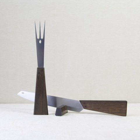 Lead image of a special edition ‘Finnpoint’ carving set, complete with original stand, designed by Tapio Wirkkala, in the 1970’s, for Hackman, Finland.