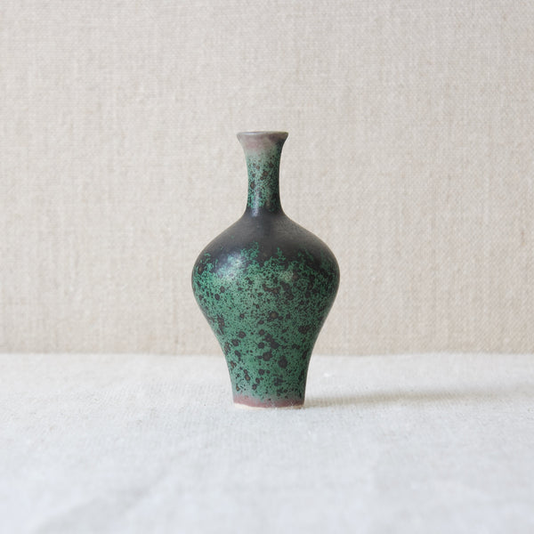 Finnish studio pottery vase by Annikki Hovisaari with distinctive green-blue dappled eggshell glaze