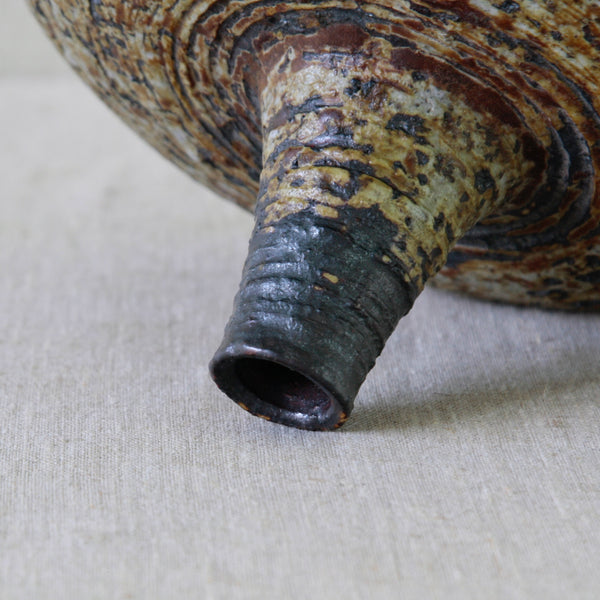 Close detail of Annikki Hovisaari studio vase with a swooping tapered neck, handmade at Arabia Finland circa 1965.