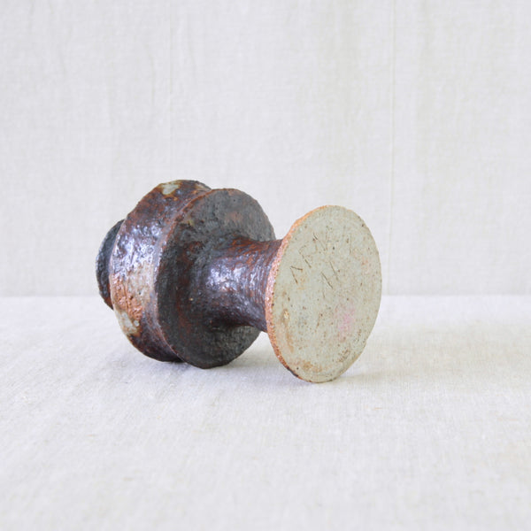Base of Sculptural 1960s ceramic by Annikki Hovisaari for Arabia, combining precise geometry with a richly textured handmade surface.
