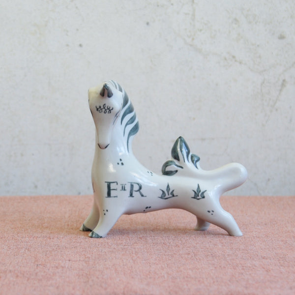 Mid-century ceramic unicorn statue by Susan Parkinson, early British studio pottery design. Pairs with Lion.