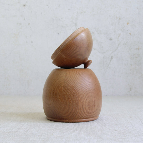 Fun mood shot of a Swedish acorn-shaped pine box by Erik Höglund for Boda Tra, a rare all-wood example from his early 1960s production. This collectible nordic design and many other are available from Scandinavian design gallery Art & Utility. 
