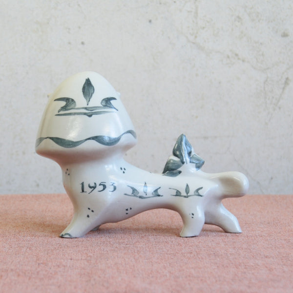 Vintage lion figure by Richard & Susan Parkinson, early British studio ceramics. Painted with EIIR. Pairs with Unicorn.