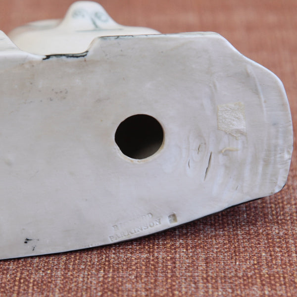 Detail of impressed makers mark stamp on a Post-war British Modernist ceramic sculpture by Susan Parkinson, reflecting the influence of the Picassoettes including William Newland, Margaret Hine, and Nicholas Vergette.