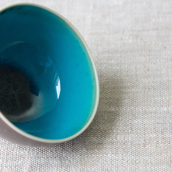 detail of bright blue glaze of Friedl Holzer-Kjellberg porcelain bowl, produced at Arabia, Finland, 1950's