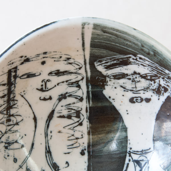 Susan Parkinson illustrated dish, 1950's, showing her distinctively stylised sgraffito technique