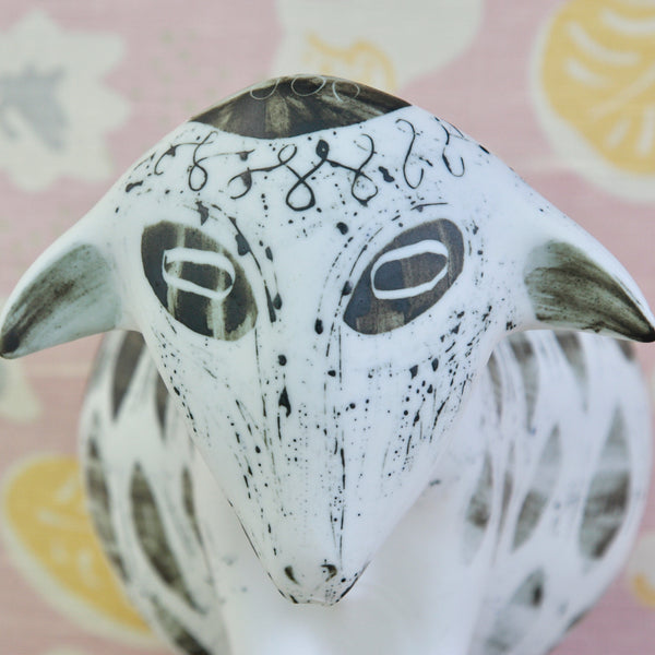 Head shot of a Susan Parkinson Model 8 Sheep porcelain sculpture, created at Parkinson Pottery circa 1954