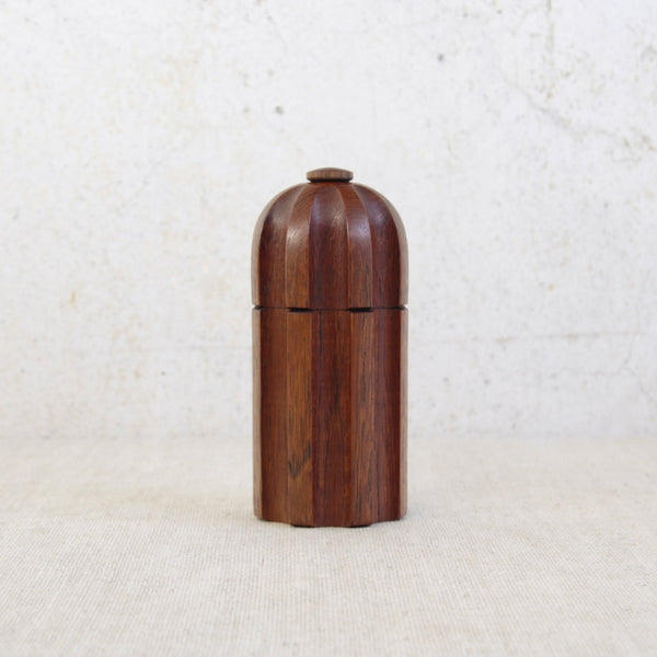 Head on shot. Collectible Dansk Designs Bullet pepper mill by Jens Quistgaard in teak.