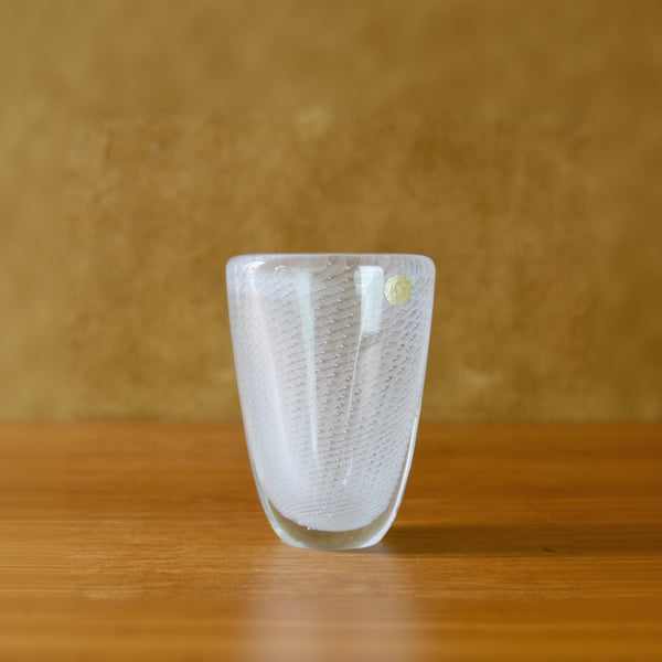Clear glass Harso vase with internal bubble decoration, design by Kaj Franck for Nuutajärvi Glassworks who produced this collectible Scandinavian objet d' art, with the Model Number KF108.
