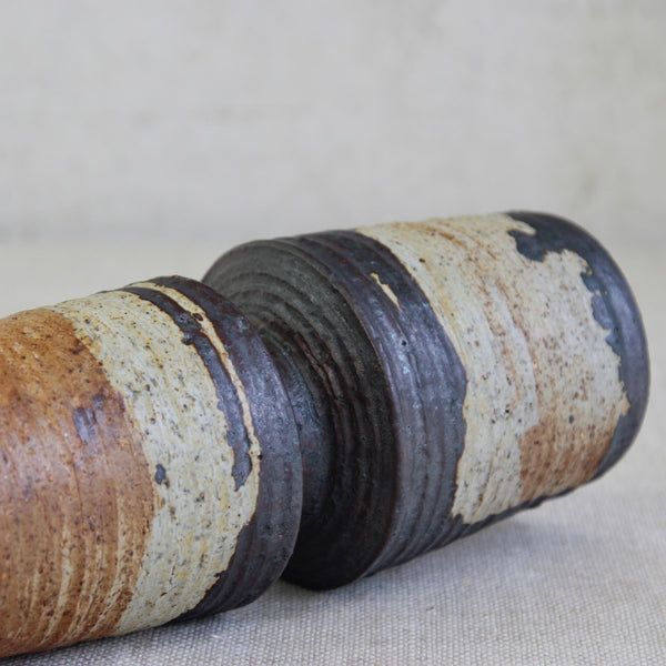 Zoomed in detail showing the texture and rich colours in a Scandinavian Designer Studio Pottery Vase with an Hourglass Form Handthrown by Annikki Hovisaari, Arabia, Finland.