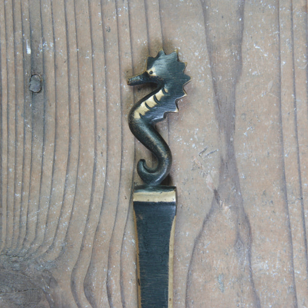 Rare Walter Bosse modernist aquatic seahorse letter opener, handmade by Herta Baller, collectible mid-century desk accessory.