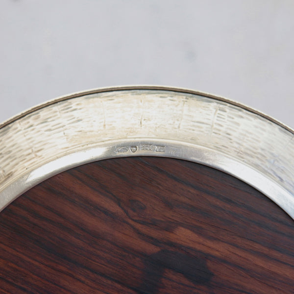 Detail of Finnish hallmarks on a Tapio Wirkkala modern silver tray inspired by classic craftsmanship and mid-20th-century design