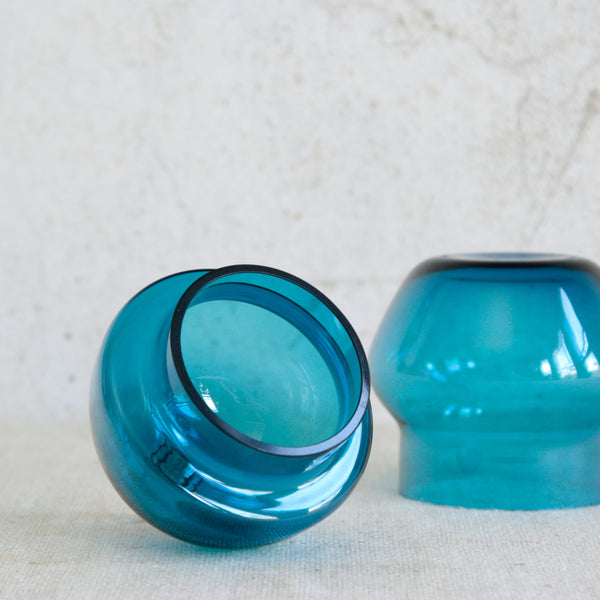 Scandinavian modern glass sugar bowl and creamer set by Helena Tynell, featuring the distinctive Pomona fruit-like silhouette