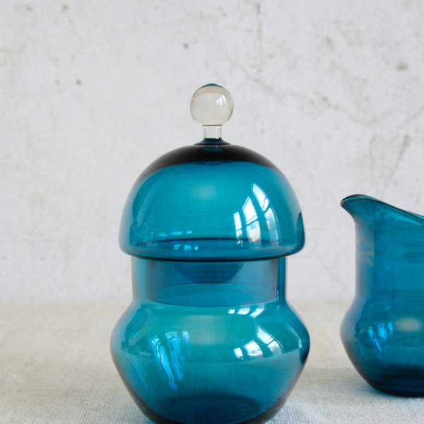 Scandinavian collectible glass sugar bowl and creamer set by Helena Tynell, part of the elusive Pomona series from Riihimäki
