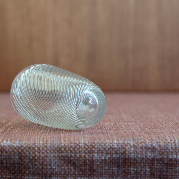 Kaj Franck “Vire” vase from Finland, showing the rare 1953 air-filigree design with elongated twisting bubbles.