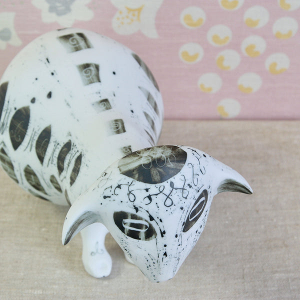 Top down detail of the head of a Susan Parkinson Pregnant Sheep, an unusually large porcelain figure by Parkinson Pottery