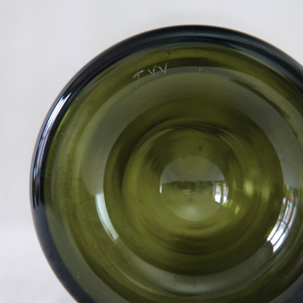 Tapio Wirkkala Iittala "TW" Hand etched signature on a decorative olive green bottle, 1950's. 