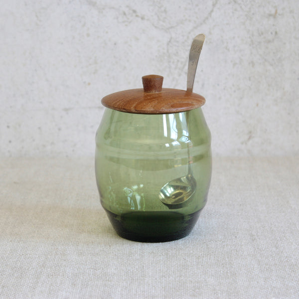Collectable mid-century Swedish storage jar by Erik Höglund for Boda, crafted from local pine and green glass during the early years of Boda Trä.