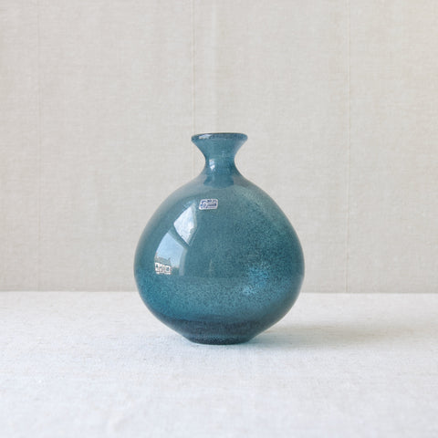 Erik Hoglund Carborundum round teal blue vase from 1955, a collectable Modernist Scandinavian design