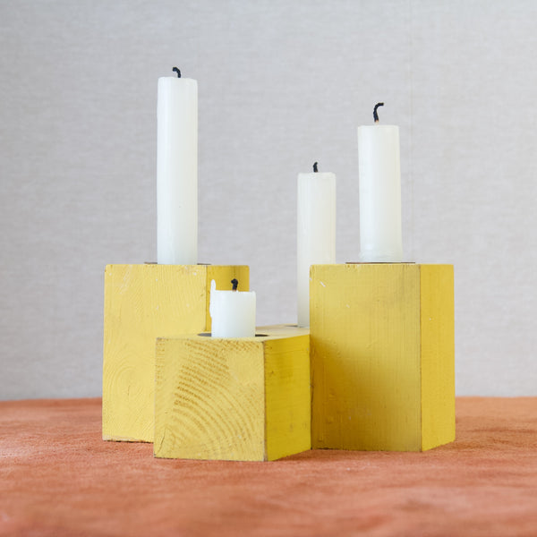 Modernist Swedish design wooden pine candle holder by Erik Höglund, painted yellow blocks, a unique example