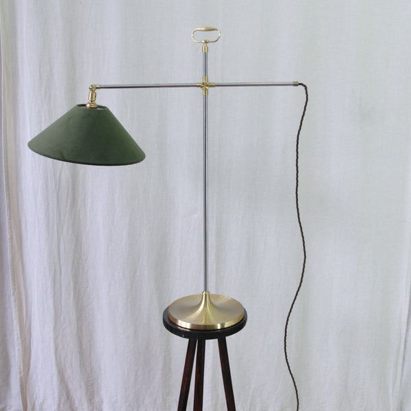 Vintage Le Klint Model 319 table light in steel and brass, with green velvet bringing warmth and richness to the Modernist design.