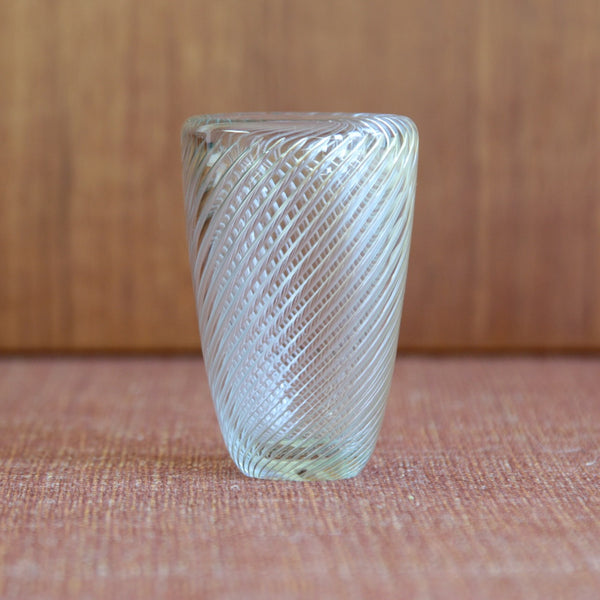 Head on shot, Finnish Modernist glass vase by Kaj Franck, featuring the spiralling optical effect unique to the Vire series.