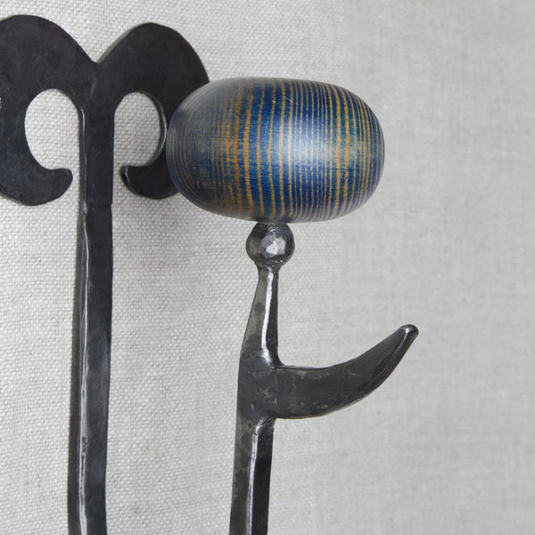Stained blue pine ball on Boda Smide cast iron coat hook by Erik Hoglund, 1960's