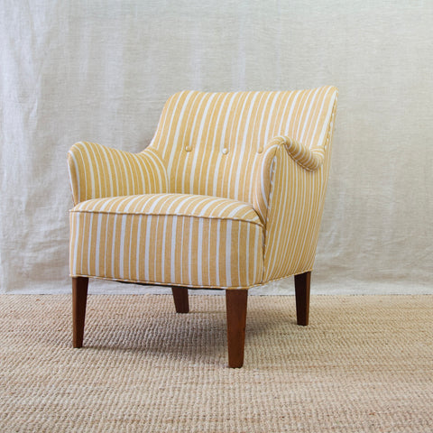 Model 1748 lounge chair by Peter Hvidt & Orla Mølgaard-Nielsen for Fritz Hansen upholstered in Fermoie York Stripe. For sale in London from Art & Utility.