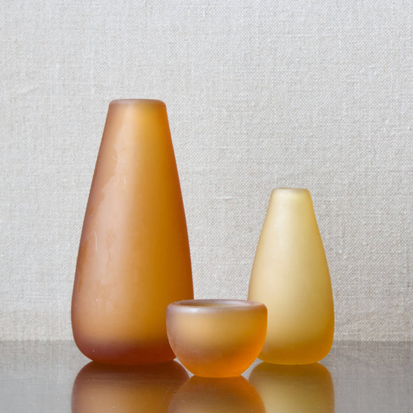 Frosted glass amber vases by Nanny Still, 1953, with an organic modernist form they look like sea glass