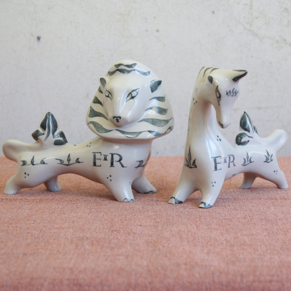 Modernist black and white lion and unicorn by Susan Parkinson, handmade in England, 1950s.
