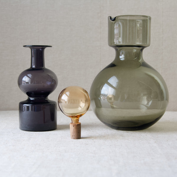Group image illustrating the three components of a Nuutarjarvi 'Kremlin Kellot' or 'Kremlin Bells' decanter, designed by Kaj Franck -the father of beautiful utilitarian Modernist glass in Finland.
