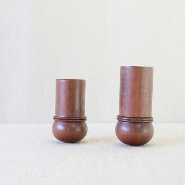 1970s Dansk teak mushroom pepper mill and matching salt shaker, designed by Gunnar Cyrén.