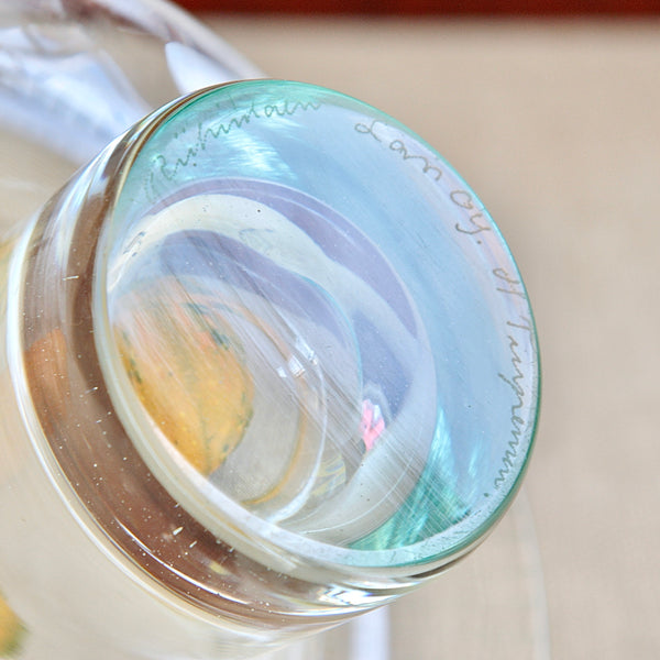 Detail showing the hand written signature on the base of an early Helena Tynell Kaulus bowl organic rim shape mid century Finnish glass valued by collectors in China and Japan.