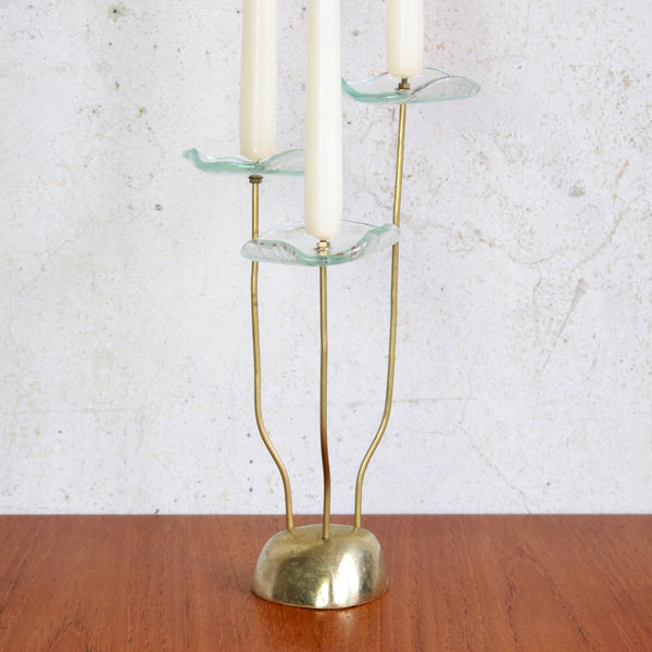 Vintage Swedish brass and glass candle holder, 1960s bohemian floral-inspired Nordic design.