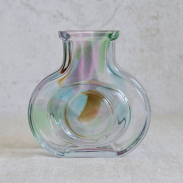 Helena Tynell Bora Bora vase with softly flashed blue, green, pink and amber tones, an unusual colour treatment within Finnish mid-century glass.