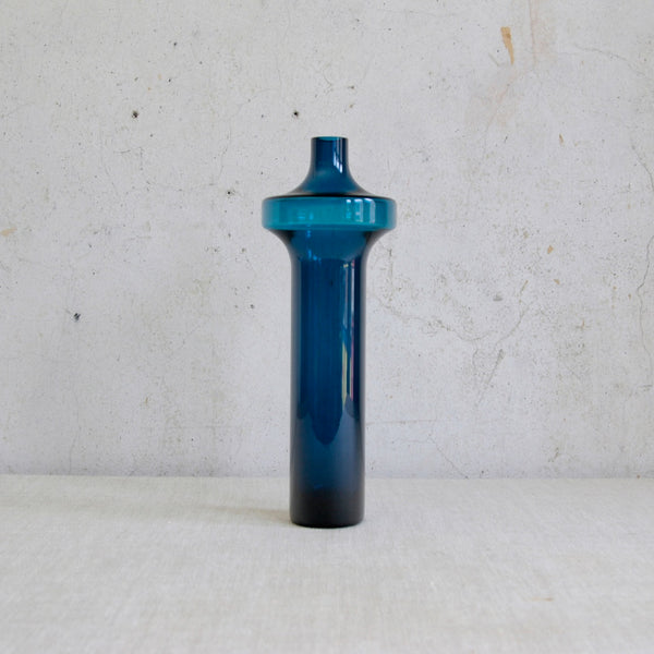Tall blue cylindrical art object with a narrower top, a rare Helena Tynell Katedraali vase with mould-turned silhouette, 1963 Finland.
