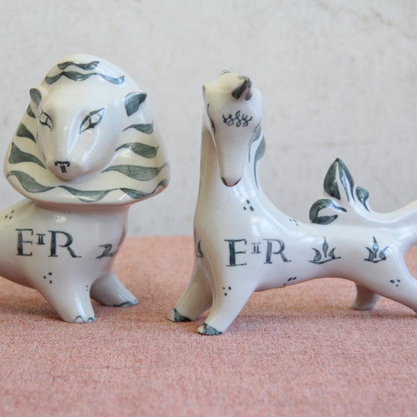British studio pottery by Susan Parkinson, Modernist ceramic lion and unicorn sculptures.