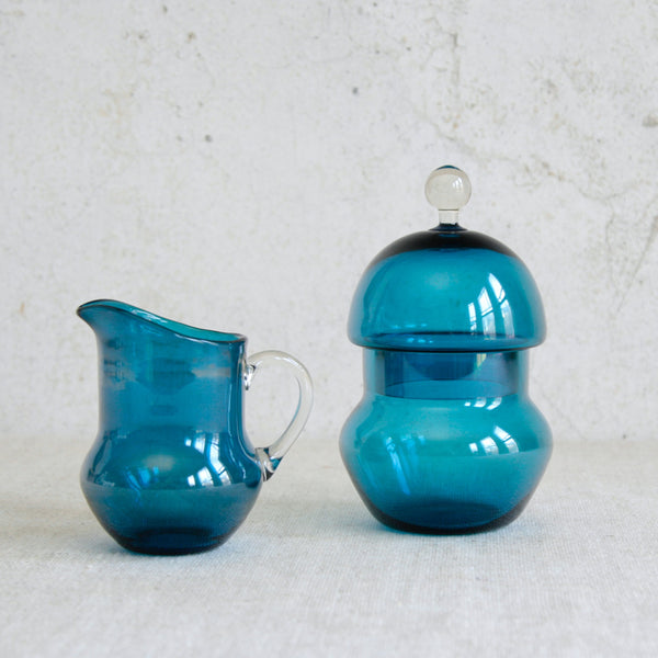 Mid-century Scandinavian glass sugar bowl and creamer by Helena Tynell for Riihimäki, handmade in Finland in 1960