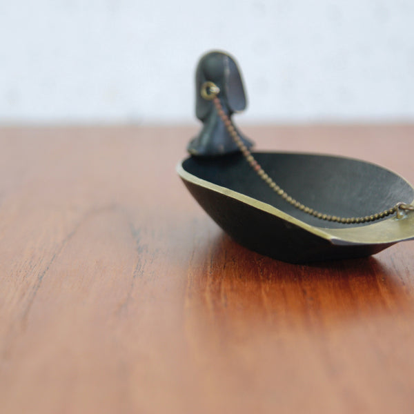 Mid-century modernist Walter Bosse brass boat tray and dog, Herta Baller workshop, Vienna. Perfect for coins, keys, or jewellery.