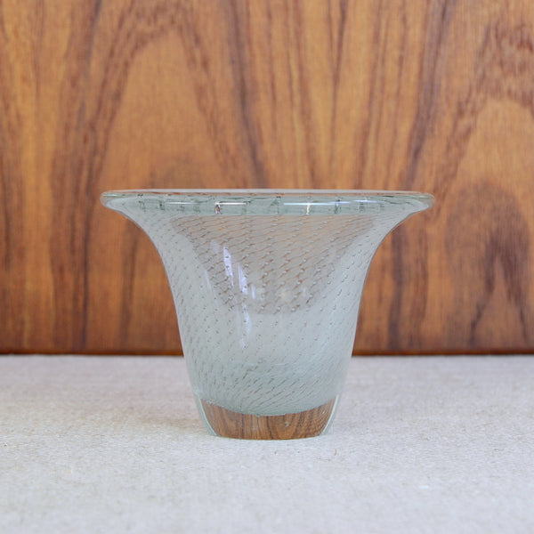 Clear and white coloured 'Harso' glass vase with free-blown form and decorative pattern created using the ariel technique. An early, museum quality example of this design by Kaj Franck, Finland, 1953.