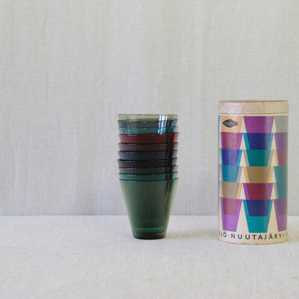 Kaj Franck Toive Finnish glass gift set, pairing simple Modernist cocktail glasses with exuberant, jazzy and almost surreal mid-century graphic packaging.
